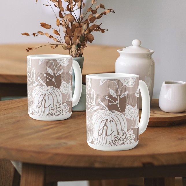 Mug Feuillage d'automne Fleurs d'automne et Citrouille (Fall Foliage Autumn Flowers & Pumpkins Taupe Plaid Coffee Mug)