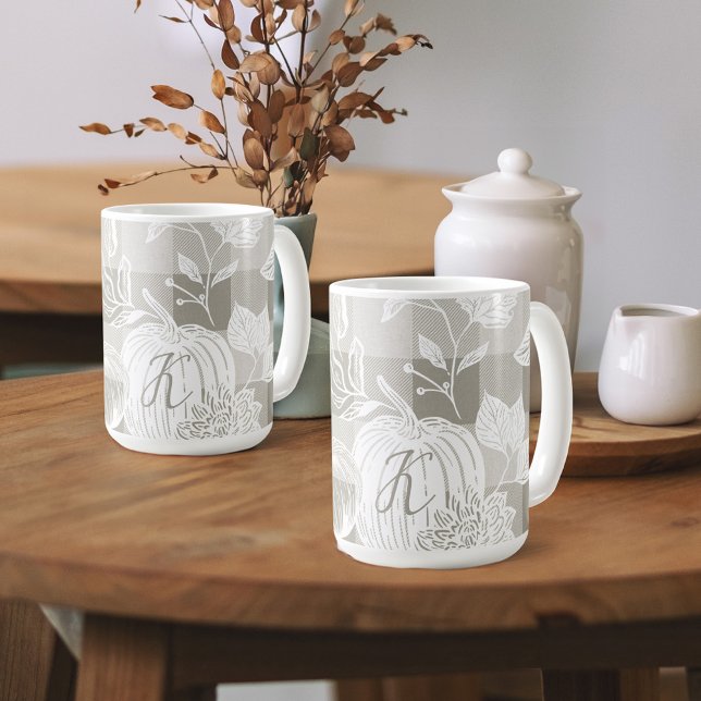 Mug Feuillage d'automne Fleurs d'automne et Citrouille (Fall Foliage Autumn Flowers & Pumpkins Sage Plaid Coffee Mug)