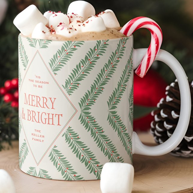 Mug Feuillage de fêtes Quadrant Ivoire et Vert (festive holiday themed mug with custom message)