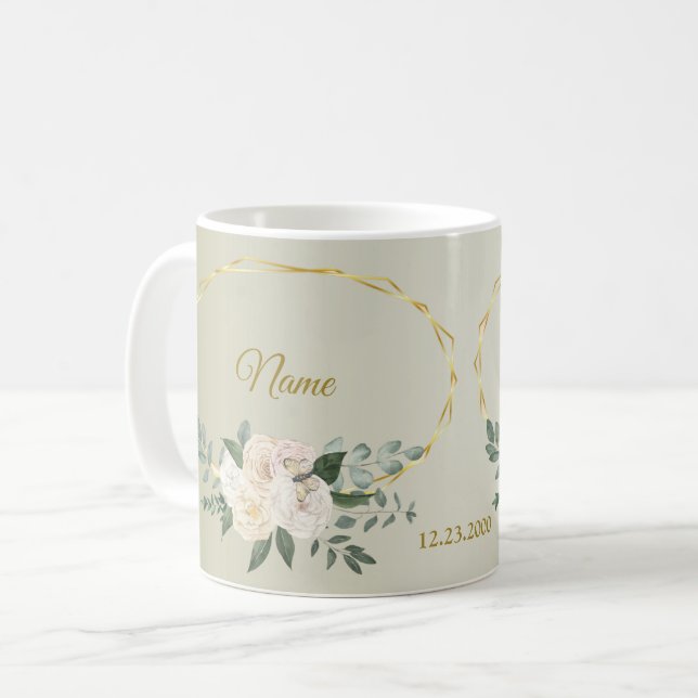 Mug Feuillage de mariage floral rose géométrique or (Devant gauche)
