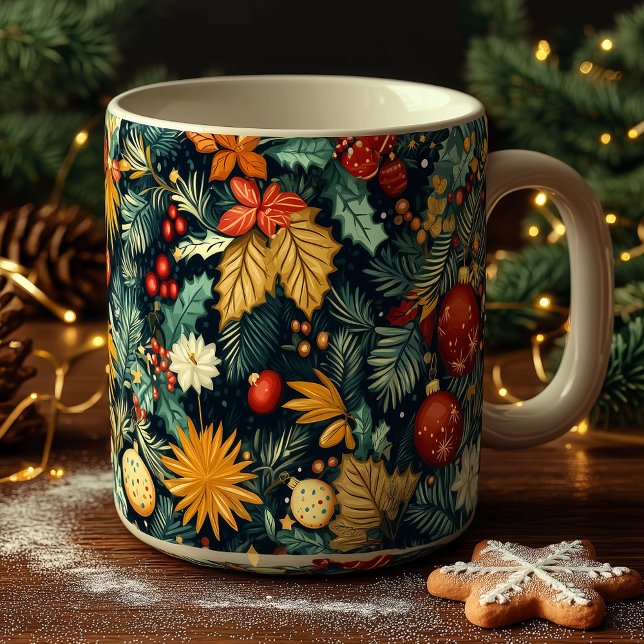 Mug Feuillage de Noël classique avec ornements rouges (Créateur téléchargé)