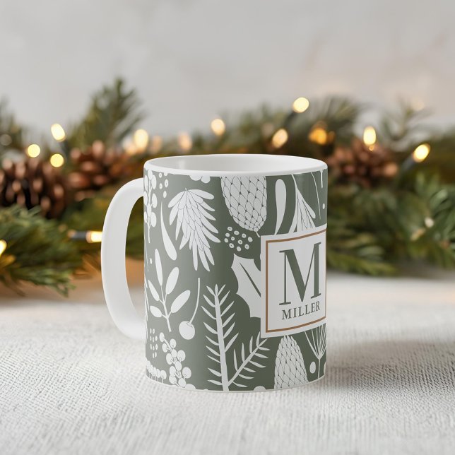Mug Feuillage de Noël d'hiver Famille Monogramme Vert (Créateur téléchargé)