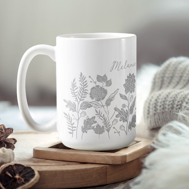 Mug Feuillage personnalisé Fleurs d'automne gris (Personalized Foliage Autumn Flowers Grey Coffee Mug)