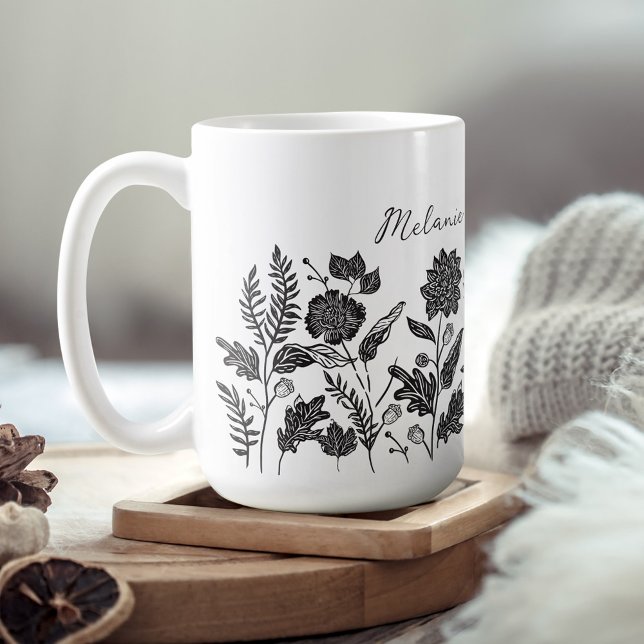 Mug Feuillage personnalisé Fleurs d'automne Noir (Personalized Foliage Autumn Flowers Black Coffee Mug)