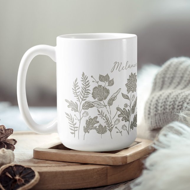 Mug Feuillage personnalisé Fleurs d'automne Sage vert (Personalized Foliage Autumn Flowers Sage Green Coffee Mug)