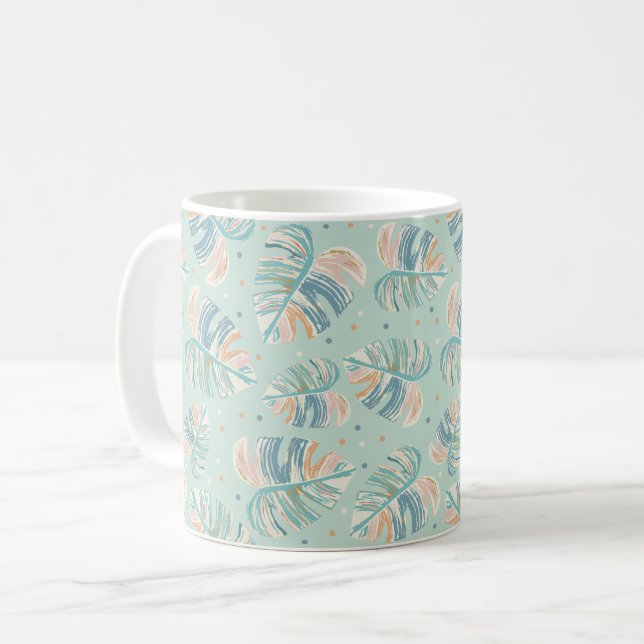 Mug Feuille Monstera - Turquoise, Vert, Corail, Moutar (Devant gauche)