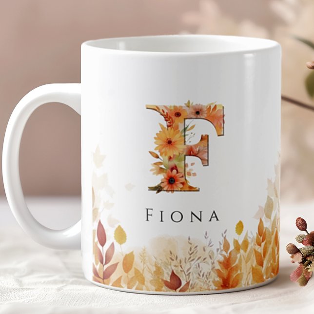 Mug Feuilles automnales Monogramme lettre F avec nom (Créateur téléchargé)