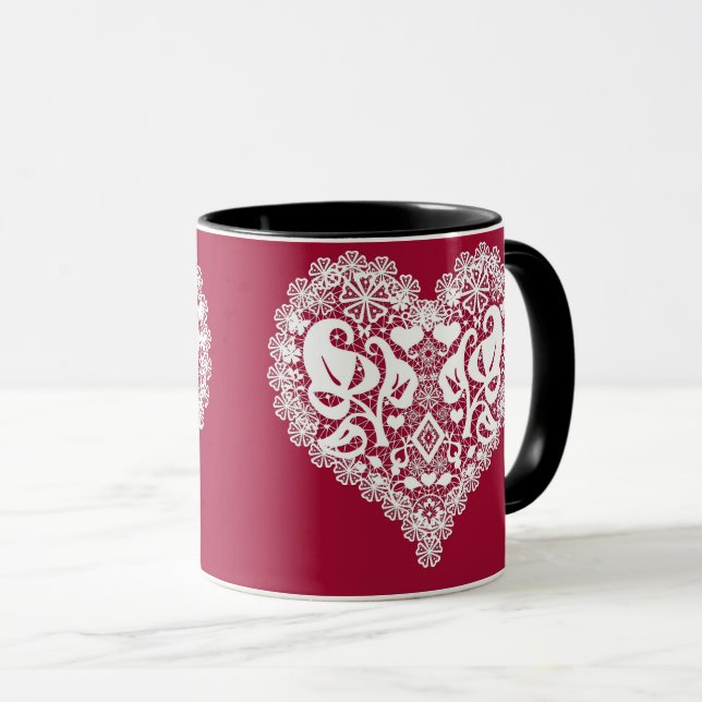 Mug Feuilles de coeur rouge en dentelle florale Saint- (Devant droit)