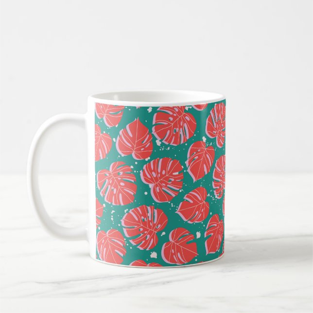 Mug Feuilles de monstère rouge sur motif vert transpar (Gauche)