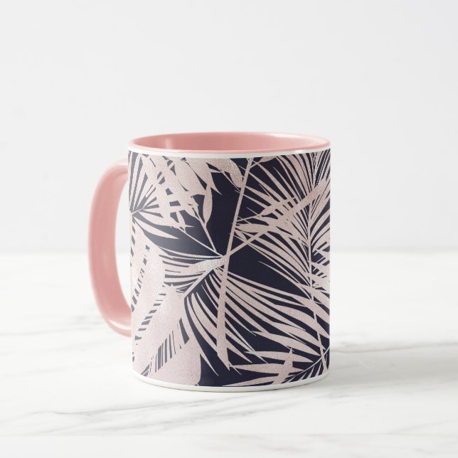 Mug Feuilles de palmier tropical rose doré foncé (Devant gauche)