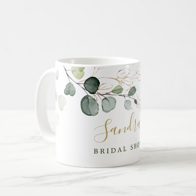 Mug Feuilles d'eucalyptus or floral, votre nom café  (Devant gauche)