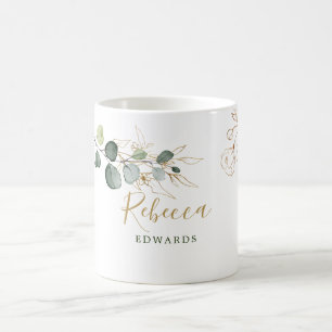 Mug feuilles eucalyptus, floral doré, votre nom