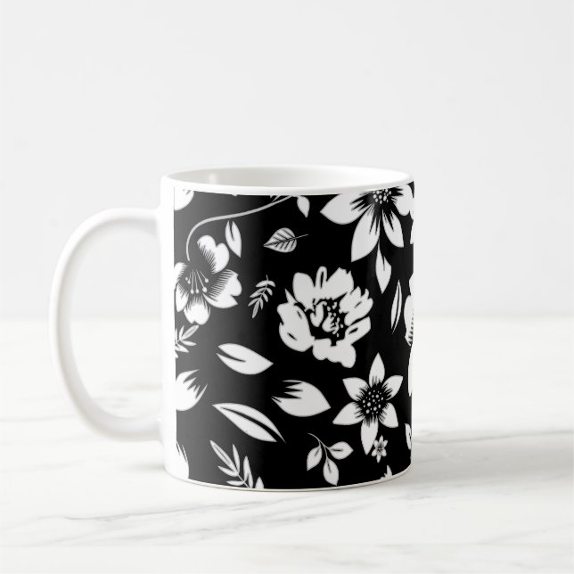 Mug Feuilles Florales Modernes Noir Blanc qui Volent (Gauche)
