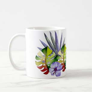 Mug Feuilles tropicales fleurs Hawaï aquarelle colorée