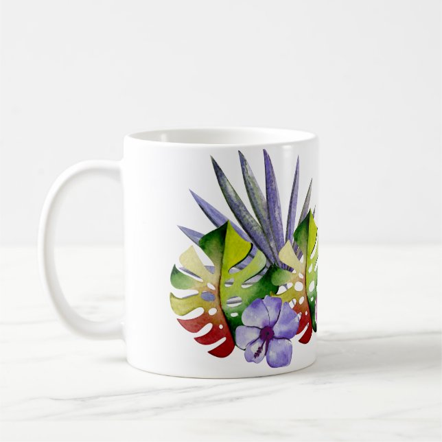 Mug Feuilles tropicales fleurs Hawaï aquarelle colorée (Gauche)