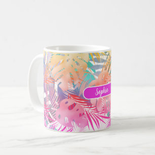 Mug Feuilles tropicales or bleu sarcelle et rose, nom