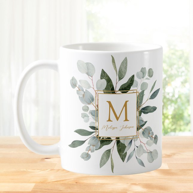 Mug Feuilles tropicales vertes aquarelles Monogramme (In situ)