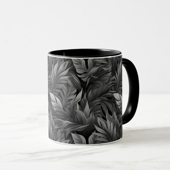 Mug Feuilles tropicaux en noir et blanc (Devant droit)