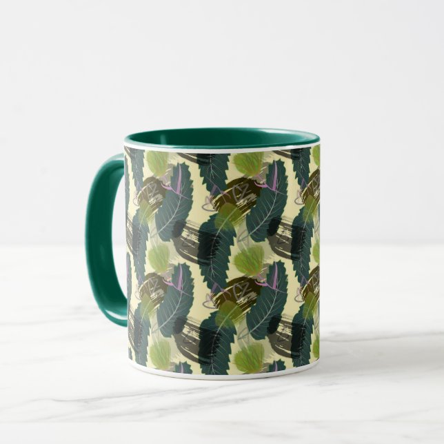 Mug Feuilles tropicaux et fleurs d'aquarelle. (Devant gauche)