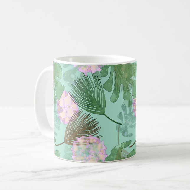 Mug Feuilles tropicaux et fleurs turquoise. (Devant gauche)