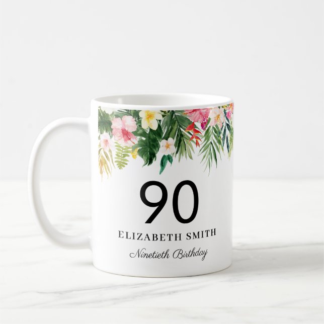 Mug Feuilles tropicaux Watercolor Personnalisé Anniver (Gauche)