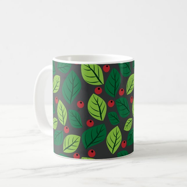 Mug Feuilles verts, Berries Rouges, Motif Des Feuilles (Devant gauche)