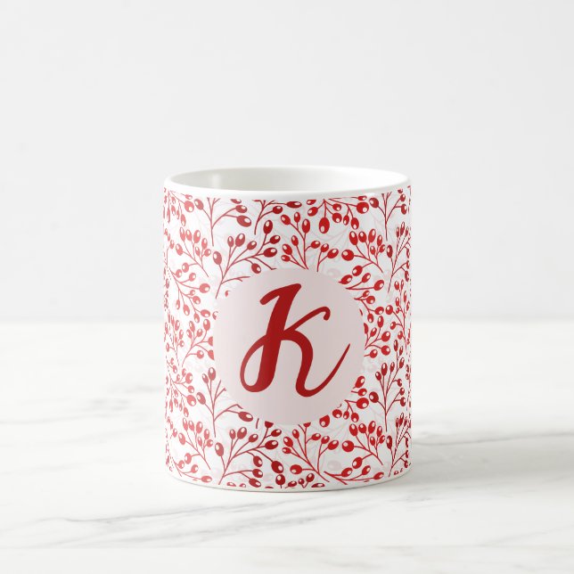 Mug Feuilleté rouge Motif moderne Élégant Monogramme (Centre)