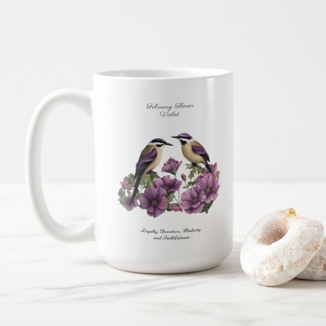 Mug Février Mois de naissance Fleur personnalisée Anni (Avec donut)