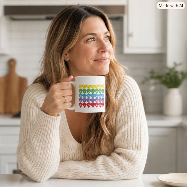 Mug Fierté de l'État Indiana Rainbow Hearts (A mug with a colorful heart design that says Indiana.)
