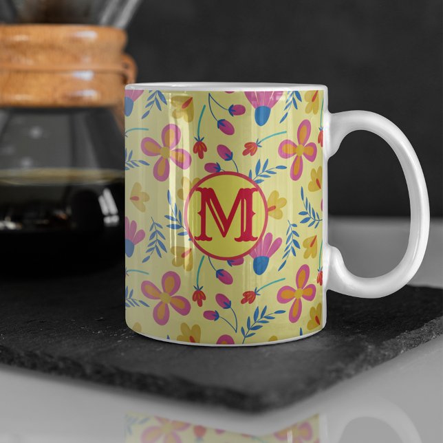 Mug Fiesta jaune Floral Customisé initial (Yellow Fiesta Style Monogram Coffee Mug)