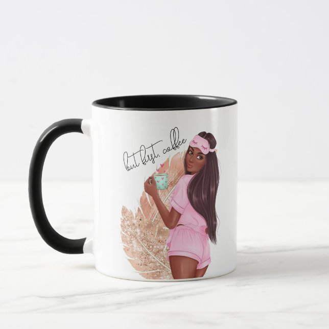 Mug Fille à Faux Paillettes Café Cheveux Rouges Marron (Gauche)