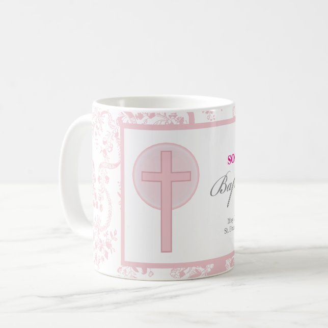 Mug Fille au baptême dentelle rose (Devant gauche)