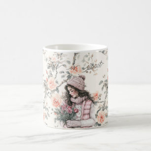 Mug Fille aux cheveux bruns romantiques roses pêche fl