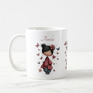 Mug Fille avec baguette magique et papillons Mignonne