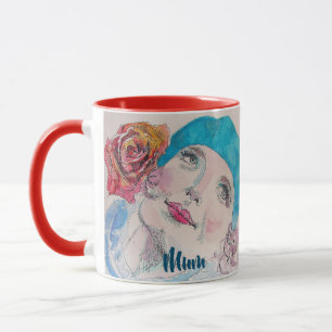 Mug Fille avec Rose Rouge Beret Aquarelle Florale Fleu