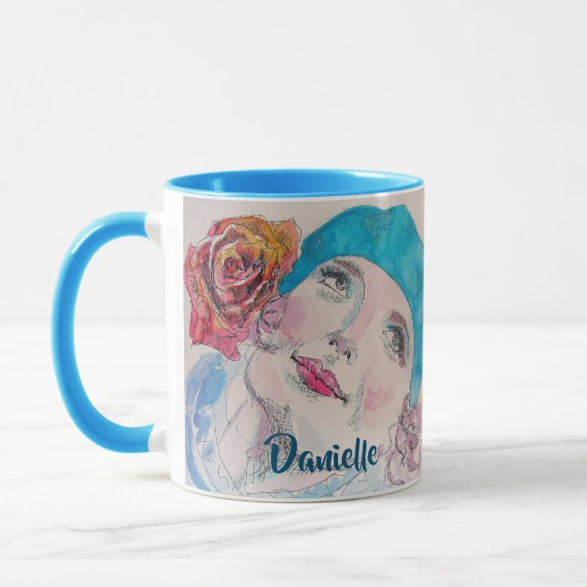 Mug Fille avec Rose Rouge Beret Aquarelle Florale Fleu (Gauche)
