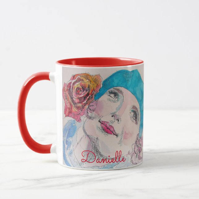 Mug Fille avec Rose Rouge Beret Aquarelle Florale Fleu (Gauche)