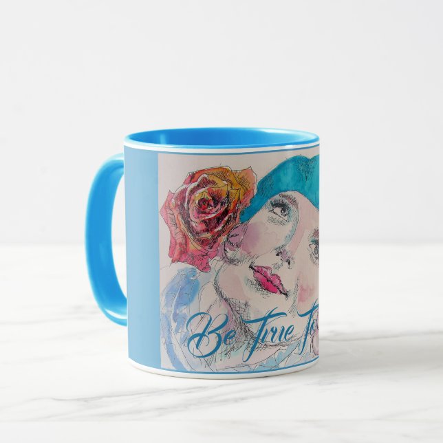 Mug Fille avec Rose Rouge Beret Aquarelle Soyez Vrai P (Devant gauche)