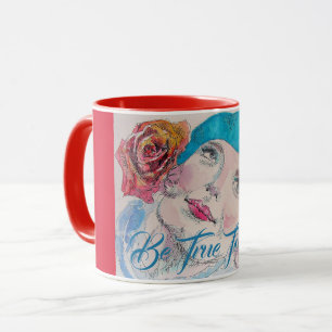 Mug Fille avec Rose Rouge Beret Aquarelle Soyez Vrai P