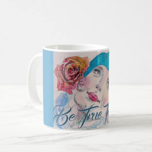 Mug Fille avec Rouge Rose Beret Aquarelle Boug Cadeau (Devant gauche)