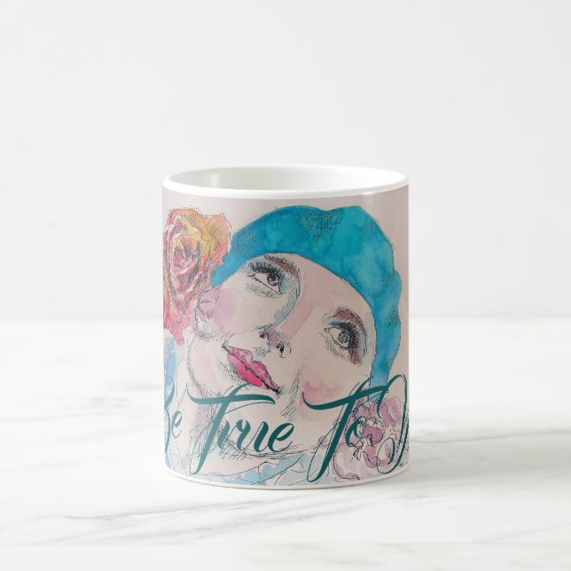 Mug Fille avec Rouge Rose Beret Aquarelle Boug Cadeau (Centre)