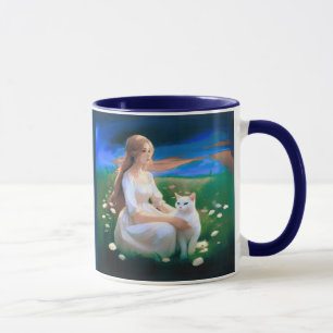 Mug Fille avec un chat dans une prairie au crépuscule