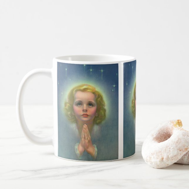 Mug Fille blonde angélique avec halo et étoiles priant (Avec donut)
