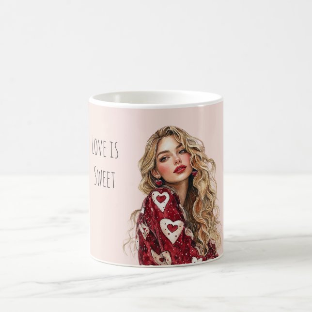 Mug Fille blonde coeurs rouges Saint Valentin Amour (Centre)