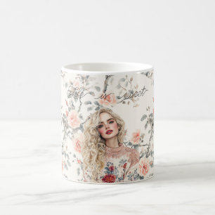 Mug Fille Blonde Romantique Cheveux Roses Florales de 