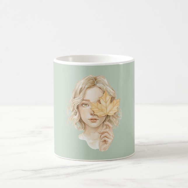 Mug Fille Blonde Verte Feuille Jaune Automne (Centre)