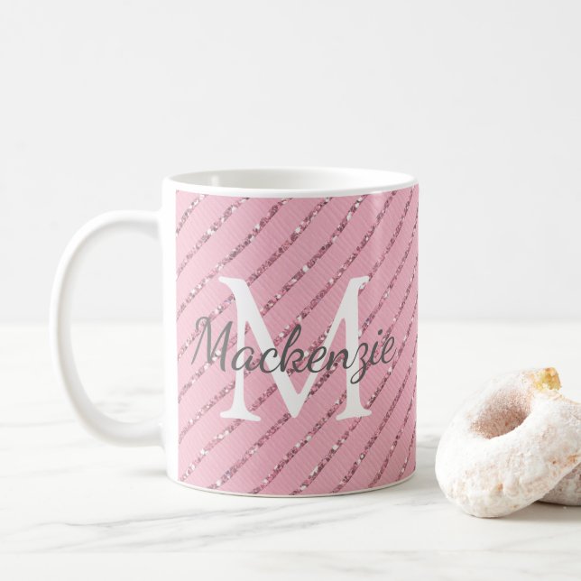 Mug Fille Blush Parties scintillant rose rayures Monog (Avec donut)