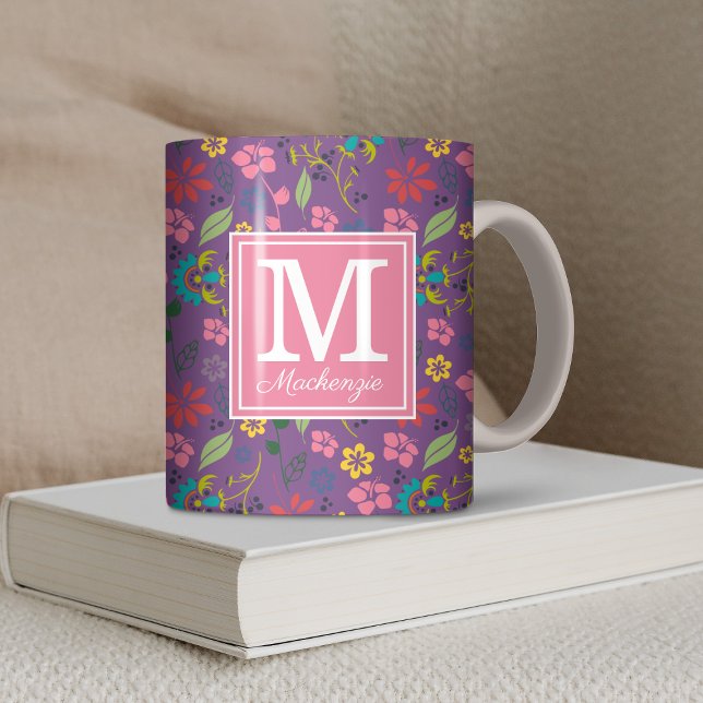 Mug Fille Bohème Fleurs colorées Monogramme (Girly Bohemian Colorful Flowers Monogram Coffee Mug)