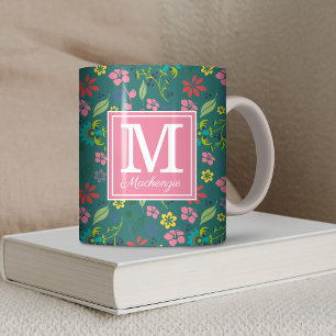 Mug Fille Bohème Fleurs colorées Turquoise Monogramme