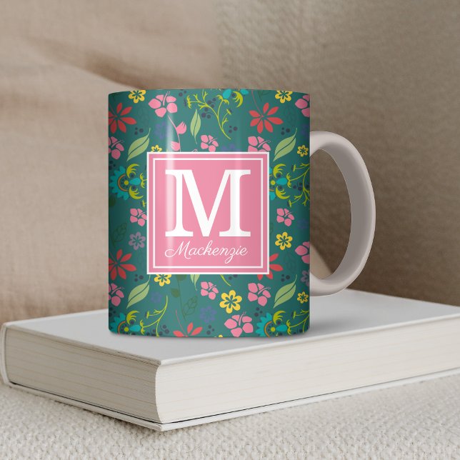 Mug Fille Bohème Fleurs colorées Turquoise Monogramme (Girly Bohemian Colorful Flowers Teal and Pink Monogram Coffee Mug)